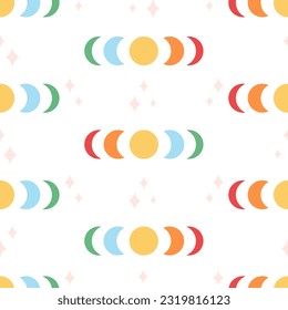 Moon phases seamless pattern. Love, LGBTQ flag colors, Pride Month. Design for wrapping paper, wallpaper, textile. Vector illustration in flat style