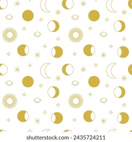 Moon Phases Seamless Pattern. Vector Illustration oof Gold Line Sky Sun Background.