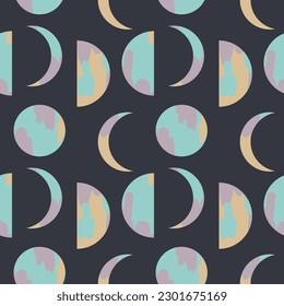 Moon phases. Seamless repeating pattern with the month and the growing moon.Vector background. Horoscope, mysticism, lifestyle. Template for textile, packaging, banner, print. Boho style illustration