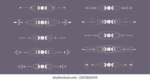 Moon Phases set with celestial border isolated on dark background. Mystic esoteric symbol with moon and border. Astrology cycle eclipse. Vector design element.