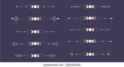 Moon Phases set with celestial border isolated on dark background. Mystic esoteric symbol with moon and border. Astrology cycle eclipse. Vector design element.