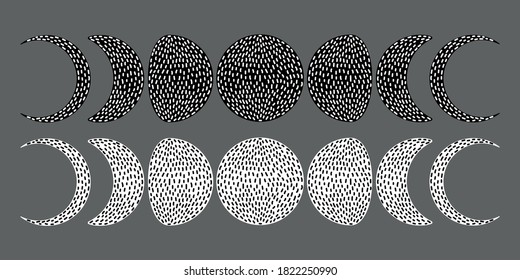 Moon phases set. Dot work, abstract style. Flat hand drawn vector. 