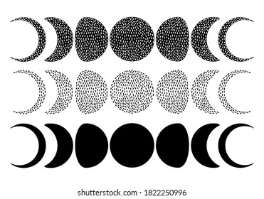 Moon phases set. Dot work, abstract style. Flat hand drawn vector. 