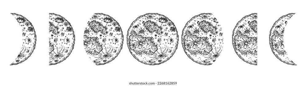 Fases de la luna establecidas. Luna satelital de tierra dibujada a mano. Resumen de la bola del planeta. Ilustración de la tinta de esbozo vectorial sobre fondo blanco. 