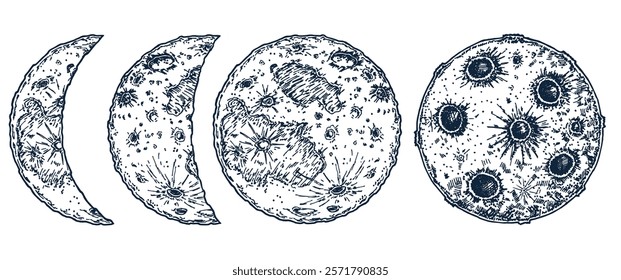 Moon phases set. Hand drawn earth satellite moon. Abstract planet ball. Vector sketch ink illustration on white background. 