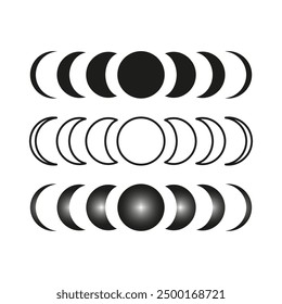 Moon phases set. Lunar cycle icons. Black and white vector. Celestial symbols.