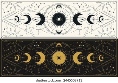 Moon phases. Set of mystical drawings with sacred lunar activity. Magical astrological symbols with mysterious geometry, crescent and moon stages. Cartoon flat vector illustration collection