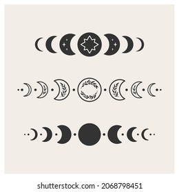 Moon phases set. Through pattern on the black version of the phases. Black and white vector illustration