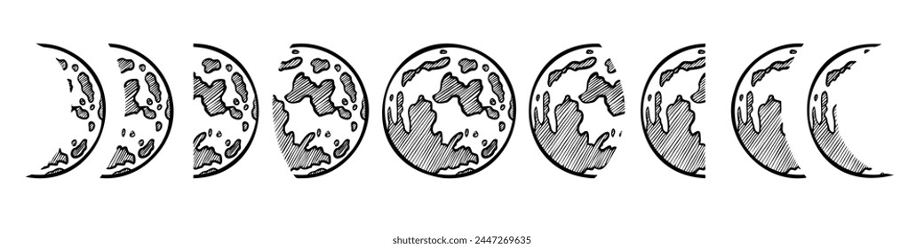 Moon Phases set. Vector illustration of full Luna and crescent. Hand drawn lunar cycle on isolated background. Bundle of celestial elements painted by black inks. Moonlight sketch for border.