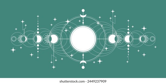 Moon Phases Set White Mysterious Moonlight Activity Stages on a Green Magic Astrology Concept. Vector illustration