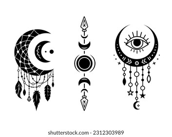 Moon phases silhouette desigm, celestial magic sign. Set of crescent moon symbol. Boho lunar design. Mystic vector illustration.