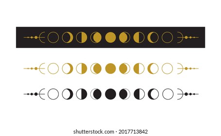 Moon Phases. Silhouette of Luna and Crescent. Set of astronomical symbols on black and white backdrop. Vector illustration on isolated background for the lunar calendar