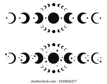 Moon phases silhouettes with stars. Black crescent icons. Night space astronomy. Lunar eclipse. Vector illustration isolated on a white background.