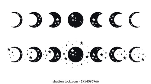 Moon phases silhouettes with stars. Black crescent icons. Night space astronomy. Lunar eclipse. Vector illustration isolated on a white background.