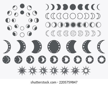 Moon phases silhouettes with stars. Black magic crescent icons. Night space astronomy. Lunar eclipse. Vector space illustration. Astronomy retro concept.