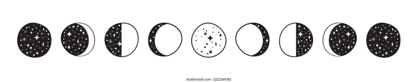 Moon phases silhouettes with stars. Crescent, new, full, surface and eclipse.