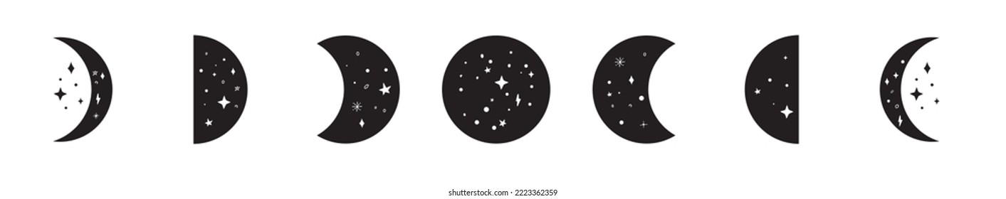 Moon phases silhouettes with stars. Crescent, new, full, surface and eclipse.