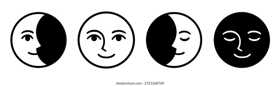 Fases lunares com rosto sorridente simples, desenho definido em estilo cartoon moderno. Ilustração em clip-art em preto e branco de icons.Vetor.
