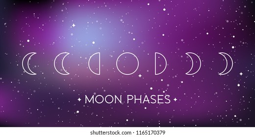 Moon phases. Star universe background. Concept of galaxy, space, cosmos. Vector illustration