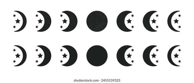Moon phases with stars icons. Moon set with texture and without texture vector background