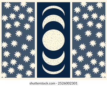 Moon phases and stars in the night sky. Night landscape. Vector illustration