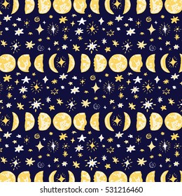 moon phases with stars in night sky  vector pattern 