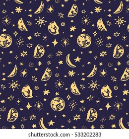 moon phases with stars in night sky  vector pattern 