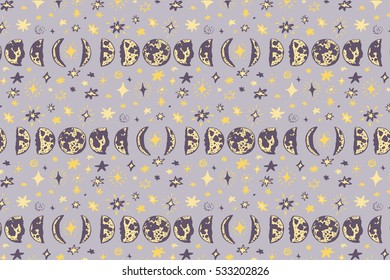 moon phases with stars in night sky  vector pattern 
