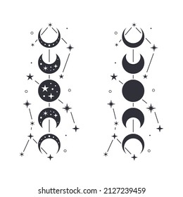 Moon phases with stars. Moon silhouette and constellation. Crescent Moon vector illustration