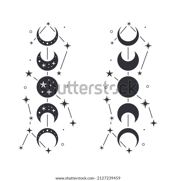 Moon phases with stars. Moon\
silhouette and constellation. Crescent Moon vector\
illustration