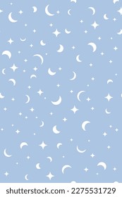 Mondphasen, Sterne und Sprinklen, Vektornahtloses Muster. Astronomie, Vektormode. Modernes Textildesign. Astrologie und Zauberkunstdruck. Zeitgemäße Oberflächengestaltung.