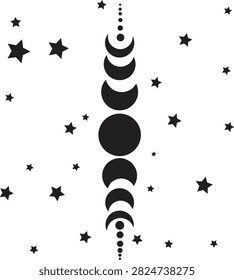 Moon phases and stars vertical icon featuring crescent moons, a full moon, lunar phases, and decorative stars. Clean celestial design representing astronomy, nighttime, lunar cycles, astrology, sleep, and Islamic themes. Suitable for websites, apps, posters, calendars, stickers, and modern illustrations.