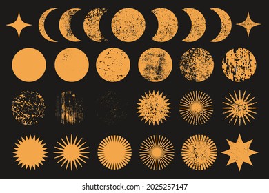 Moon Phases. Sun, Planet, Star. Universe System Elements. Grunge Texture Set.