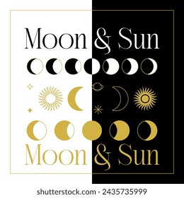 Moon Phases Sun. Vector Illustration of Line Sky Planets Objeccts.