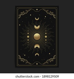 Moon phases in tarot cards, decorated with golden clouds, moon circulation, outer space and many stars