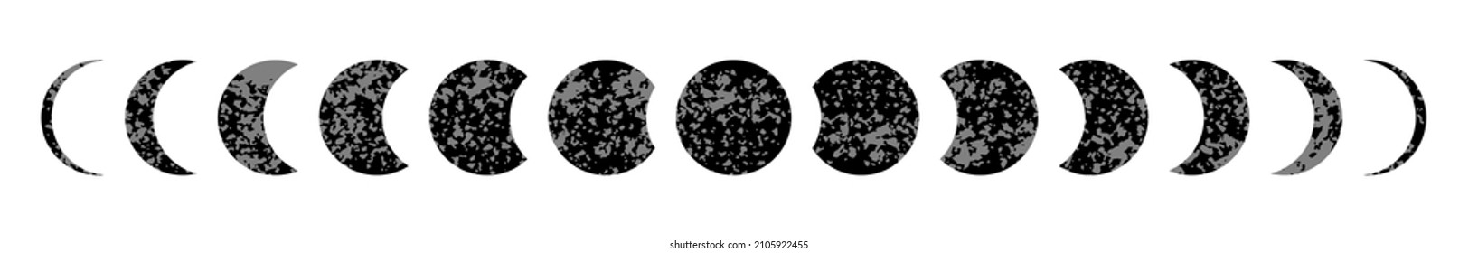 Moon phases textured astronomy silhouette set. Lunar month phases change from full to eclipse when crescent moving around planet orbit.