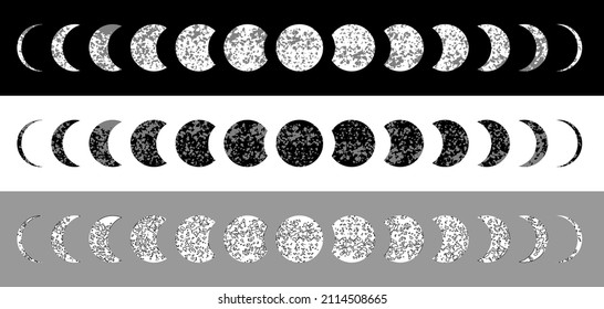 Moon phases textured astronomy silhouette set. Lunar month phases change from full to eclipse when crescent moving around planet orbit.