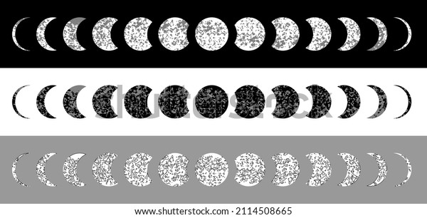 Moon phases textured astronomy silhouette set.\
Lunar month phases change from full to eclipse when crescent moving\
around planet orbit.