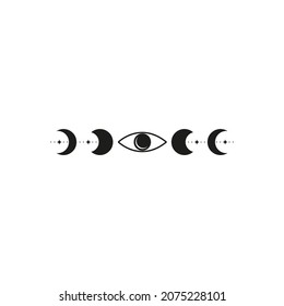 Moon phases and third eye isolated on white background. Esoteric boho illustration. Occult symbol.