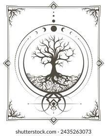 Moon Phases and Tree of Life in Sacred Geometry Circle Esoteric Vector Illustration isolated on white. No AI was used.