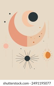 Moon phases. Various stages of lunar activity in vintage engraving style. Zodiac signs. Flat vector illustration