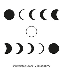 Moon phases vector. Black and white. Simple circle shapes. Lunar cycle illustration.