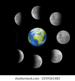 Moon phases vector design set. Realistic moon cycle icons EPS10