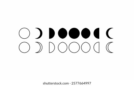 Moon phases vector illustration, black and white minimal design, lunar cycle, astronomy symbol, celestial moon icons, waxing waning crescent, full moon, eclipse phases