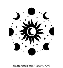 Moon phases vector illustration. Contemporary art with crescent moon silhouette and sun. Celestial t shirt print, boho poster, astrology symbol, tribal tattoo. Hand drawn astronomy concept