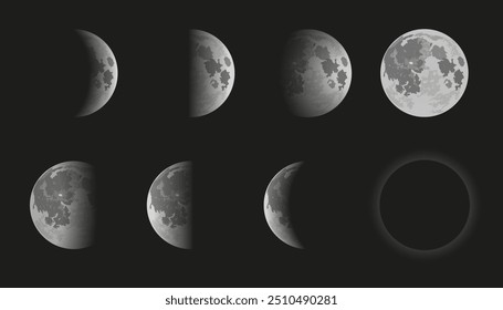 moon phases vector illustration on black background, eight moon shapes from full moon to lunar eclipse