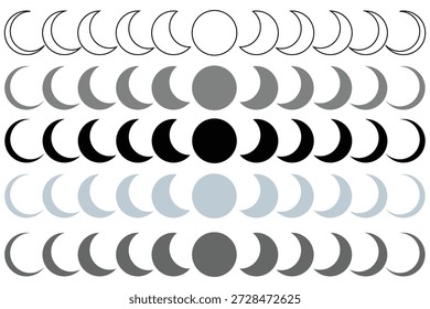Ilustración vectorial de fases lunares sobre fondo blanco. Fases de luna creciente en el cielo nocturno, menguando y creciendo, a luna llena. Ilustración vectorial.