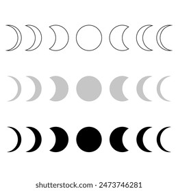 Vector de fases lunares. Iconos del ciclo lunar. Diseño negro blanco gris. Conjunto de símbolos astronómicos.