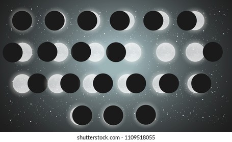 Moon phases vector nature science. Satellite sphere orbit lunar cycle symbol set. Round solar eclipse detail. Space earth sky illustration. Half crescent shape night silhouette black planet flat sign