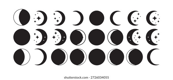 Conjunto de vetores Moon Phases. Lunar Phases Collection, Night Sky Moon Phases Stars ícone Estilo mínimo. ilustração vetorial eps 10